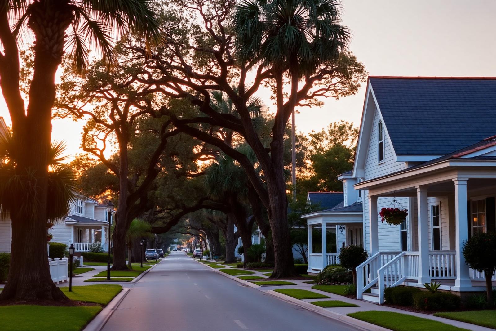 Tree-lined Central Florida neighborhood street with welcoming front porches at sunrise