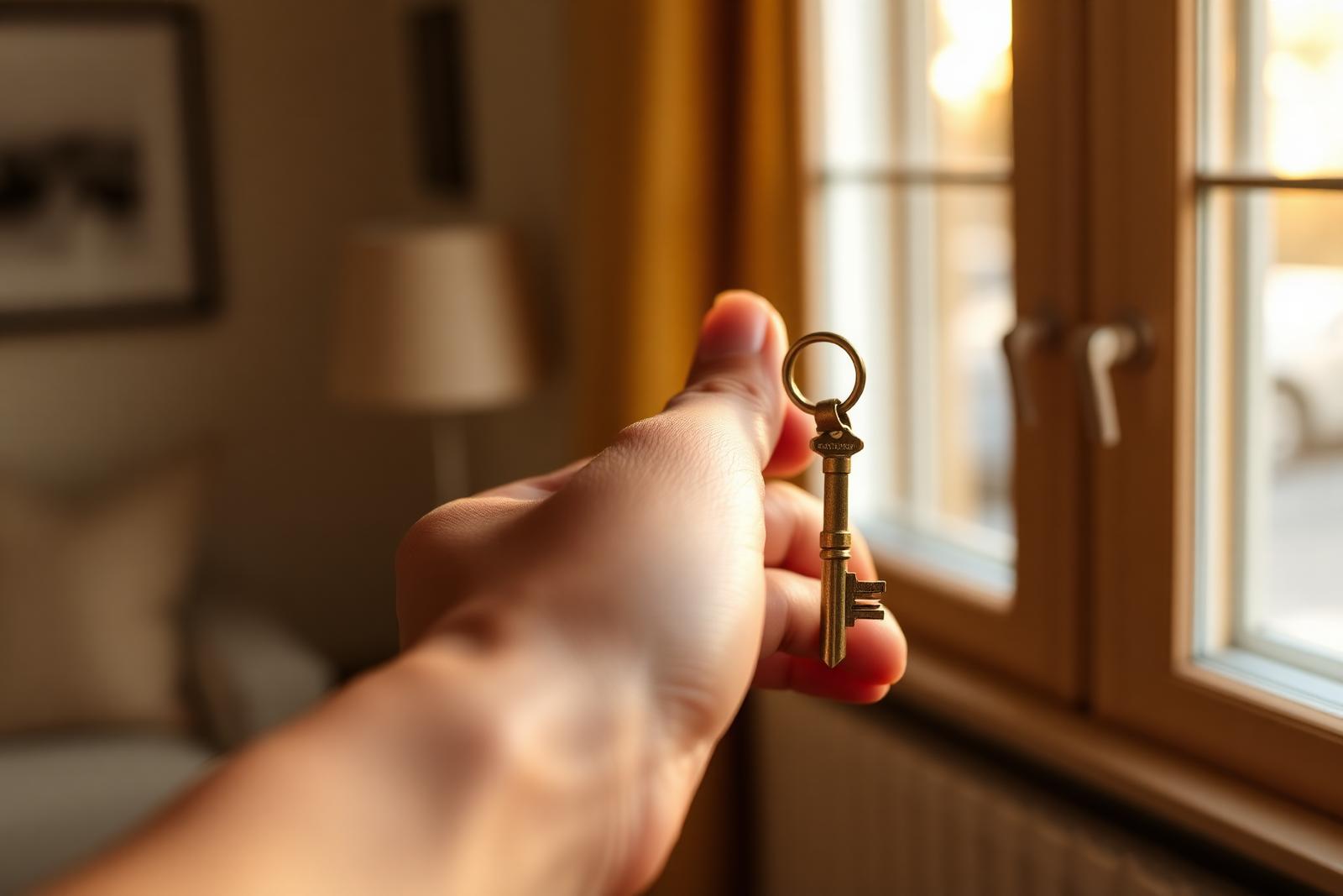 Hand holding an elegant brass house key in warm light, your keys are closer than you think